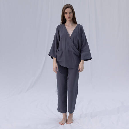 %100 Müslin Pamuk Kruvaze Kimono Kısa Koyu Gri L-XL - Serli Keçoğlu Koleksiyonu - 2