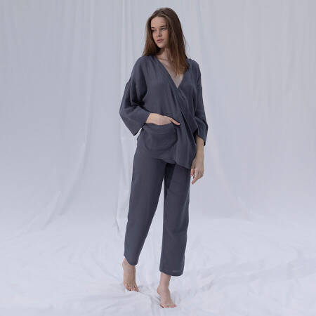 %100 Müslin Pamuk Kruvaze Kimono Kısa Koyu Gri L-XL - Serli Keçoğlu Koleksiyonu - 3