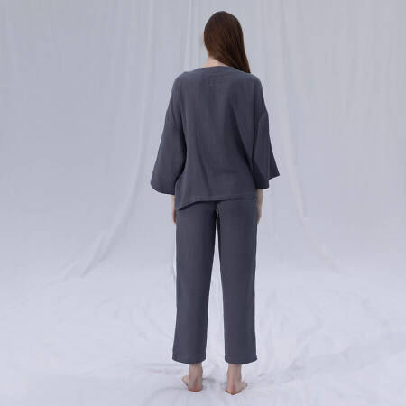 %100 Müslin Pamuk Kruvaze Kimono Kısa Koyu Gri L-XL - Serli Keçoğlu Koleksiyonu - 5