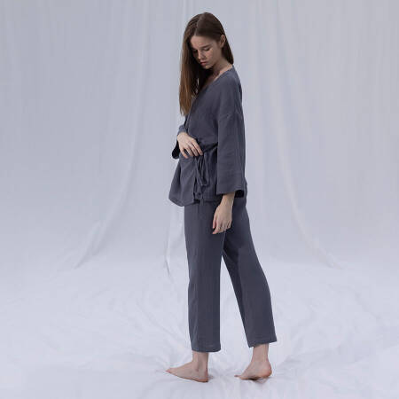 %100 Müslin Pamuk Kruvaze Kimono Kısa Koyu Gri L-XL - Serli Keçoğlu Koleksiyonu - 6