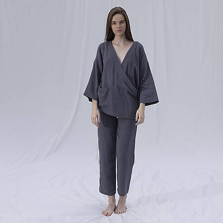by Serli Keçoğlu Müslin Uzun Kimono Koyu Gri L-XL - 2