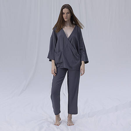by Serli Keçoğlu Müslin Uzun Kimono Koyu Gri L-XL - 1
