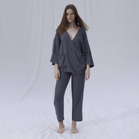 by Serli Keçoğlu Müslin Uzun Kimono Koyu Gri S-M - 1
