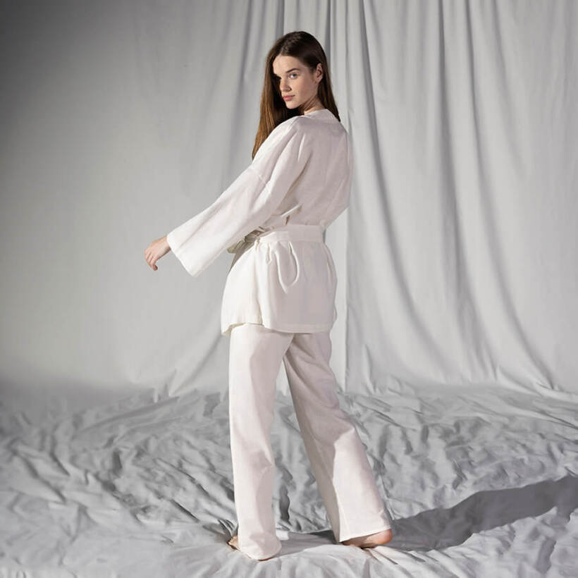%100 Keten Uzun Kollu Kimono Beyaz - Serli Keçoğlu Koleksiyonu - 