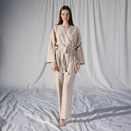 %100 Keten Uzun Kollu Kimono Ekru - Serli Keçoğlu Koleksiyonu 