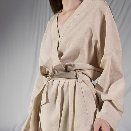%100 Keten Uzun Kollu Kimono Ekru - Serli Keçoğlu Koleksiyonu - 5