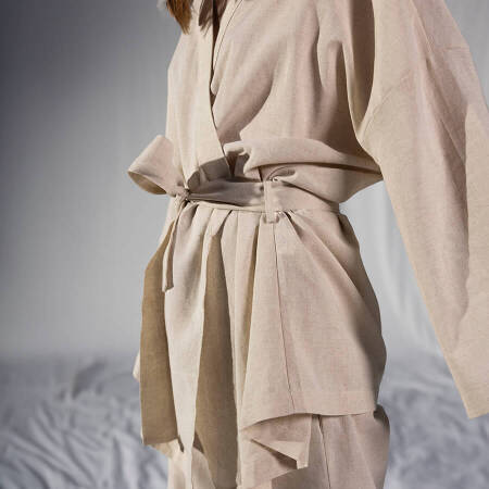 %100 Keten Uzun Kollu Kimono Ekru - Serli Keçoğlu Koleksiyonu - 6