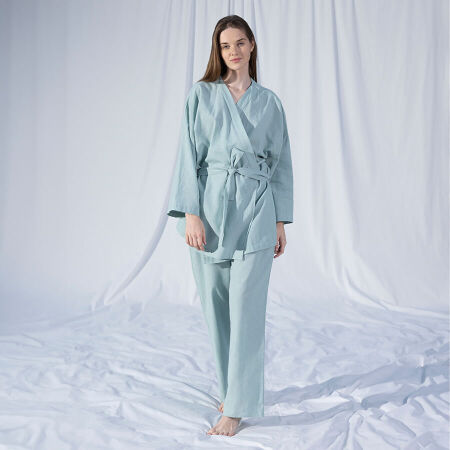 %100 Keten Uzun Kollu Kimono Mint - Serli Keçoğlu Koleksiyonu 