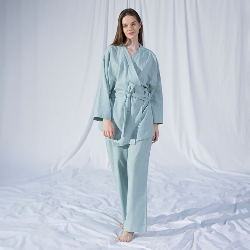 %100 Keten Uzun Kollu Kimono Mint - Serli Keçoğlu Koleksiyonu - 