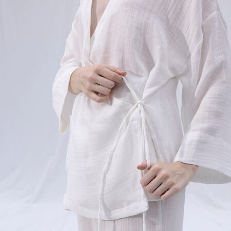 %100 Müslin Pamuk Kruvaze Kimono Kısa Beyaz - Serli Keçoğlu Koleksiyonu - 7
