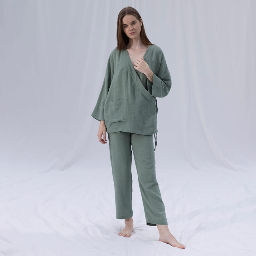 %100 Müslin Pamuk Kruvaze Kimono Kısa Çağla - Serli Keçoğlu Koleksiyonu - 