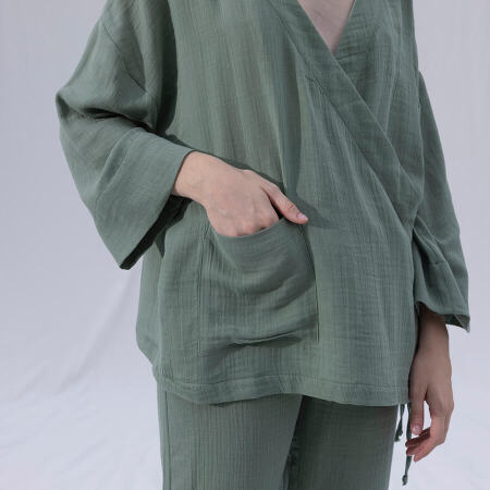 %100 Müslin Pamuk Kruvaze Kimono Kısa Çağla - Serli Keçoğlu Koleksiyonu - 4