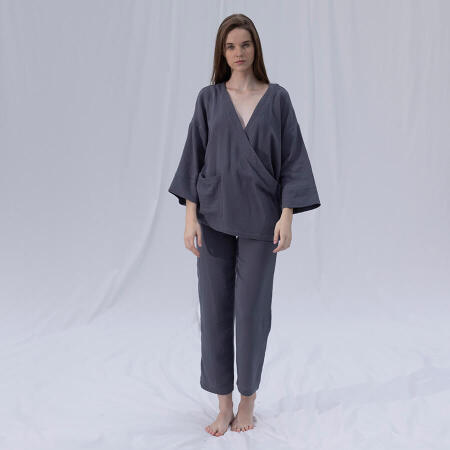 %100 Müslin Pamuk Kruvaze Kimono Kısa Koyu Gri - Serli Keçoğlu Koleksiyonu - 2