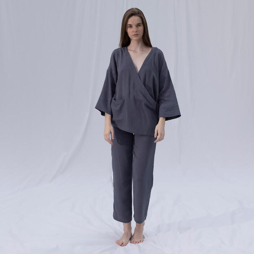 %100 Müslin Pamuk Kruvaze Kimono Kısa Koyu Gri - Serli Keçoğlu Koleksiyonu - 