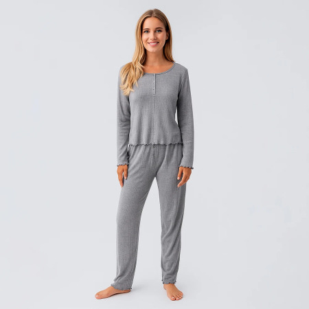 Perla %100 Pamuk Ajurlu Örme Pijama Takımı - Gri - PENELOPE