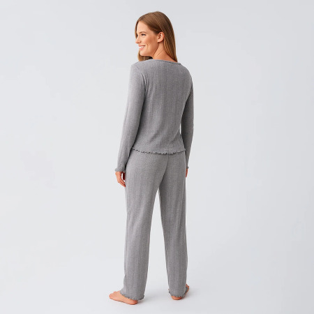 Perla %100 Pamuk Ajurlu Örme Pijama Takımı - Gri - 3