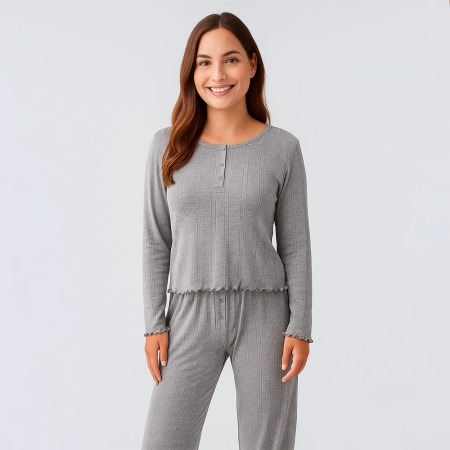 Perla %100 Pamuk Ajurlu Örme Pijama Takımı - Gri - 4