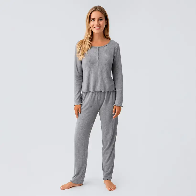 Perla %100 Pamuk Ajurlu Örme Pijama Takımı - Grı/M - PENELOPE