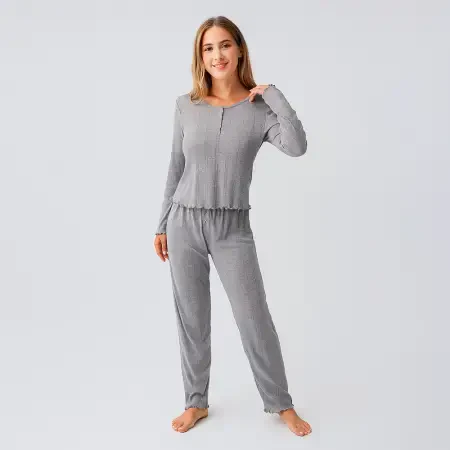 Perla %100 Pamuk Ajurlu Örme Pijama Takımı - Grı/S - 2