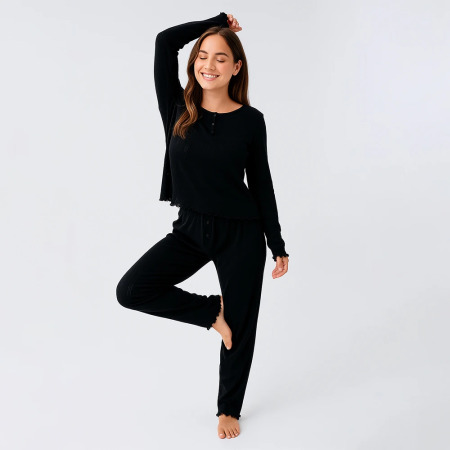 Perla %100 Pamuk Ajurlu Örme Pijama Takımı - Siyah 
