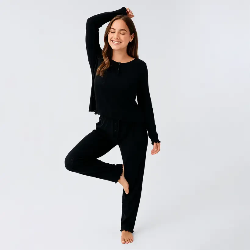 Perla %100 Pamuk Ajurlu Örme Pijama Takımı - Siyah/Xl - 