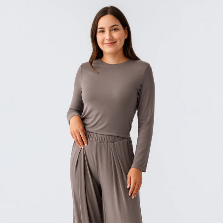 Relax Crop Bol Paça Esnek Viskoz Pijama Takımı - Vizon - PENELOPE (1)