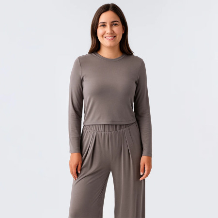 Relax Crop Bol Paça Esnek Viskoz Pijama Takımı - Vizon - 3