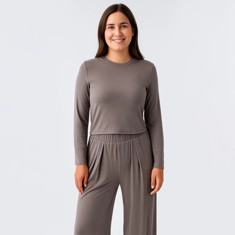 Relax Crop Bol Paça Esnek Viskoz Pijama Takımı - Vizon - 