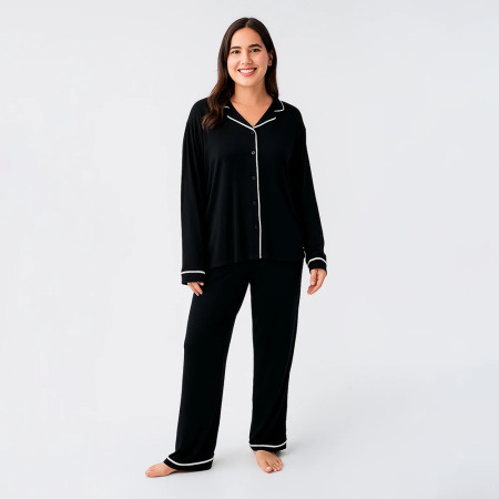 Snug Uzun Kollu Oversize Esnek Viskoz Pijama Takımı - Siyah - 1