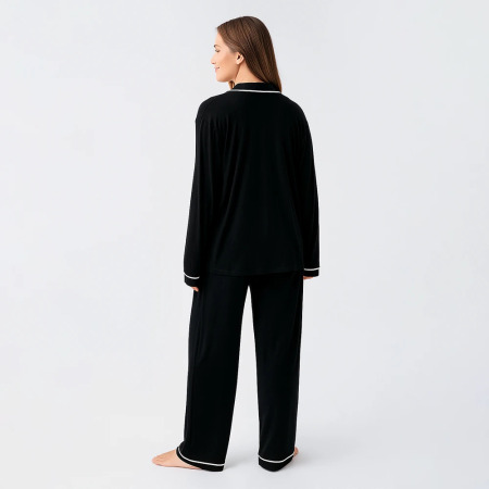 Snug Uzun Kollu Oversize Esnek Viskoz Pijama Takımı - Siyah - 3