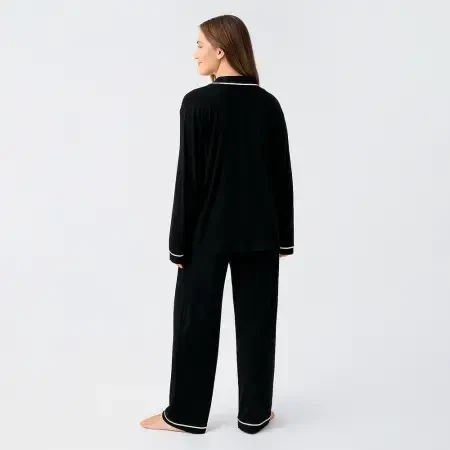 Snug Uzun Kollu Oversize Esnek Viskoz Pijama Takımı - Siyah/M - 3