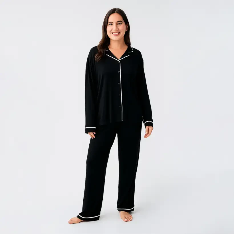 Snug Uzun Kollu Oversize Esnek Viskoz Pijama Takımı - Siyah/Xl - 