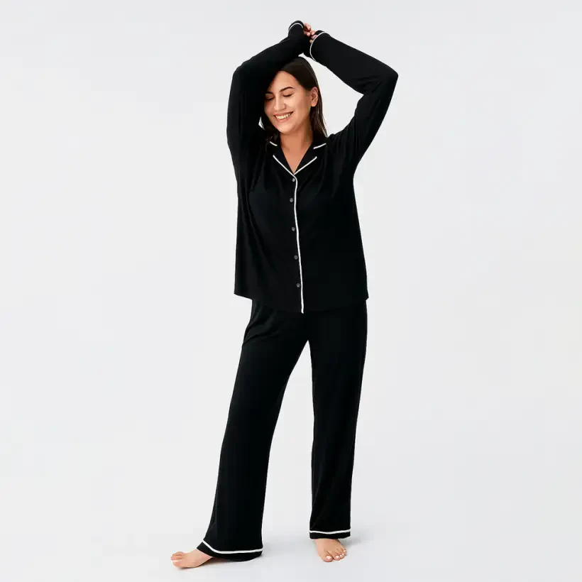 Snug Uzun Kollu Oversize Esnek Viskoz Pijama Takımı - Siyah/Xl - 