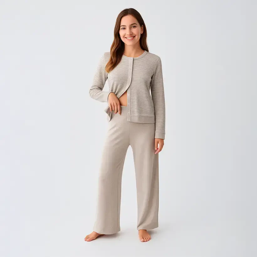 Softnest Uzun Kollu Yumuşak Dokulu Viskoz Pijama Takımı - Bej/Xl - 