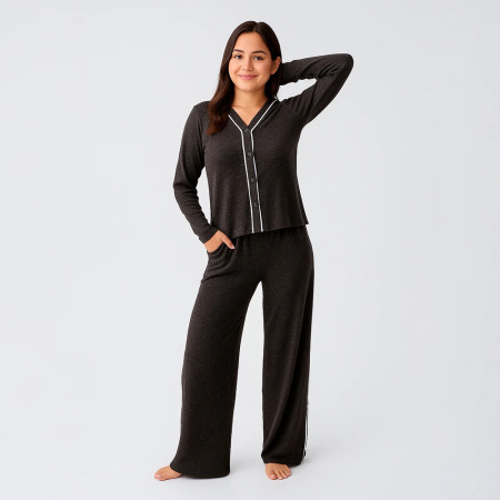 Softtouch Uzun Kollu Yumuşak Dokulu Örme Pijama Takımı - Kahve - PENELOPE