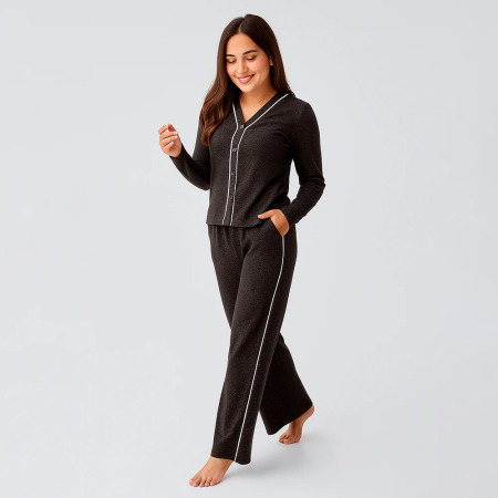 Softtouch Uzun Kollu Yumuşak Dokulu Örme Pijama Takımı - Kahve - PENELOPE (1)
