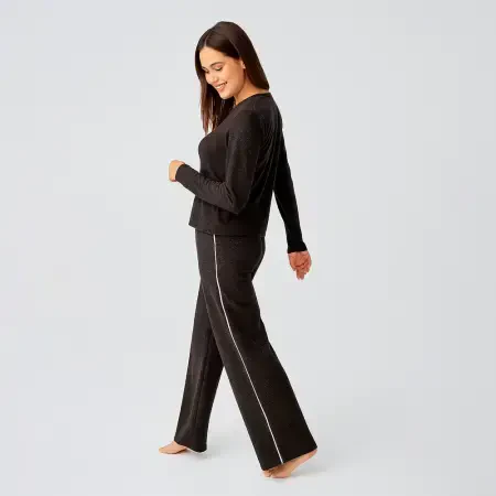 Softtouch Uzun Kollu Yumuşak Dokulu Örme Pijama Takımı - Kahve/M - 3