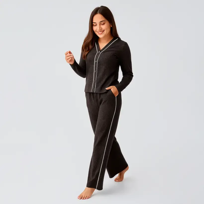 Softtouch Uzun Kollu Yumuşak Dokulu Örme Pijama Takımı - Kahve/Xl - 