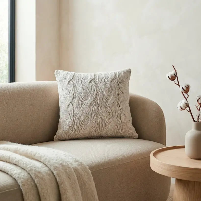 Triko Kırlent Kılıfı Krem 45x45 cm - Cabella Serisi - 